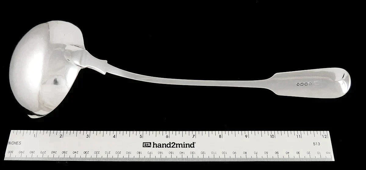 Huge Antique English Victorian Exeter Fiddle Sterling Silver Punch Soup Ladle
