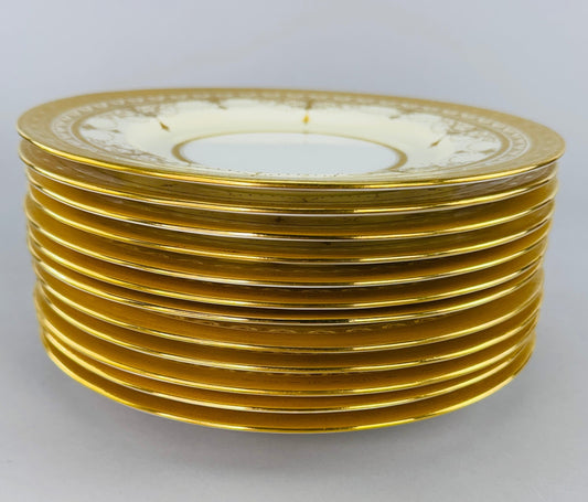 Ornate Set 12 Antique Minton Gold Gilt Cream White 9" Luncheon Salad Plates