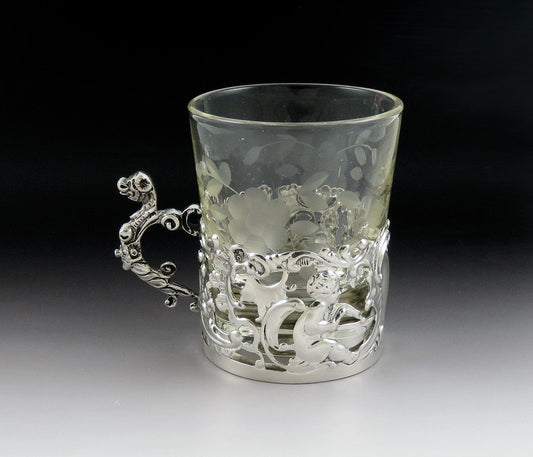 Lovely Set 6 1901 English Sterling Silver Glass Insert Handle Tea Liquor Cups