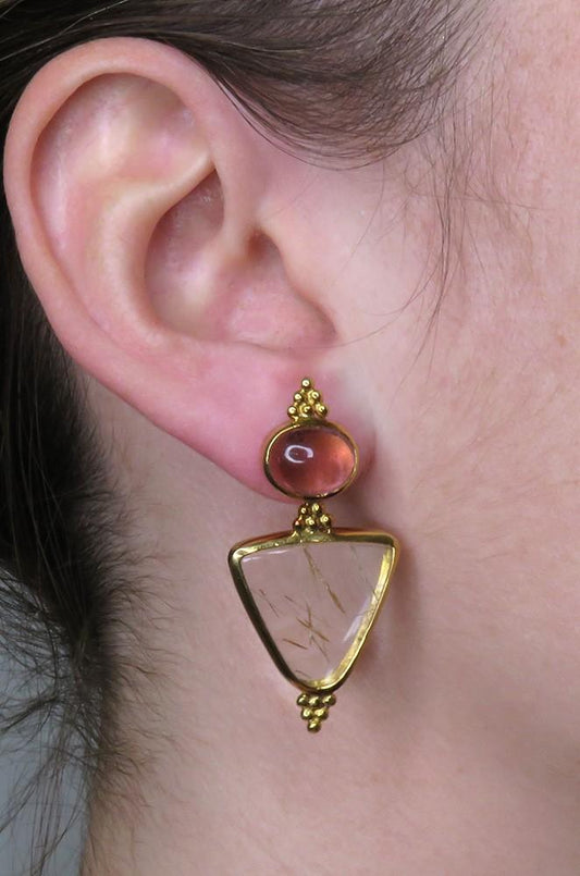 Paula Crevoshay 18k Gold Rubellite Pink Tourmaline Rutilated Quartz Earrings