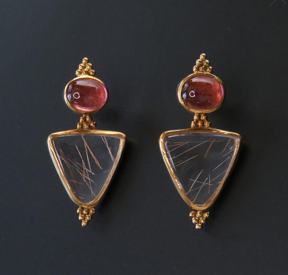 Paula Crevoshay 18k Gold Rubellite Pink Tourmaline Rutilated Quartz Earrings