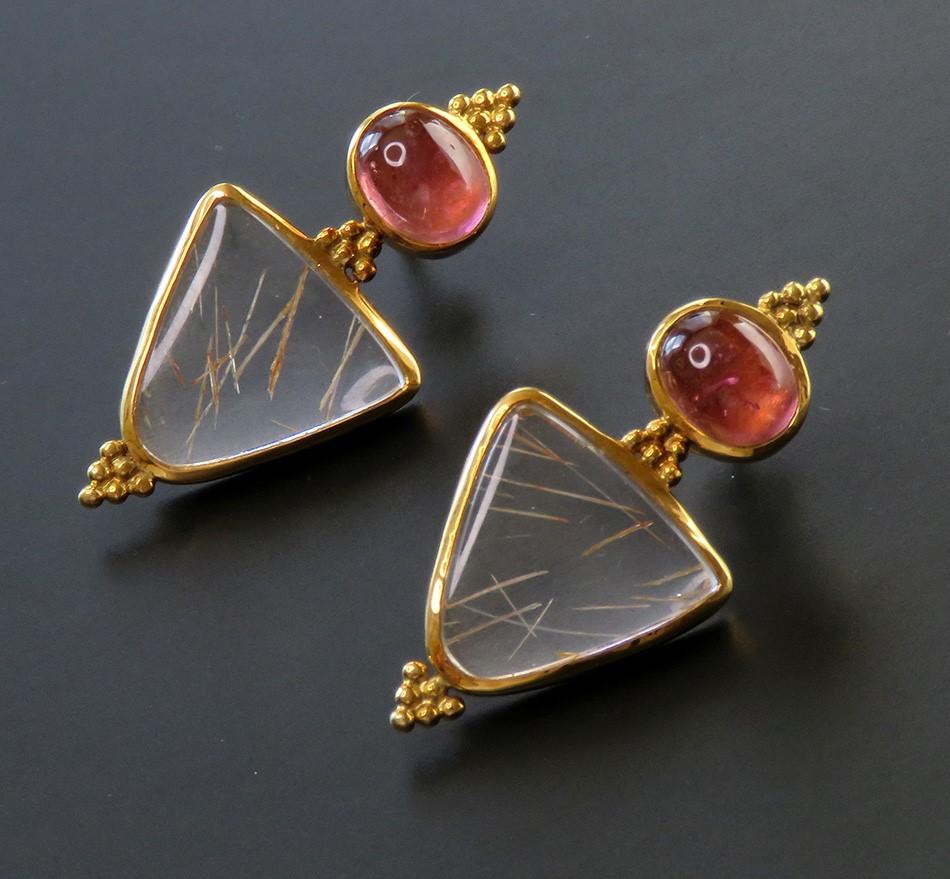 Paula Crevoshay 18k Gold Rubellite Pink Tourmaline Rutilated Quartz Earrings