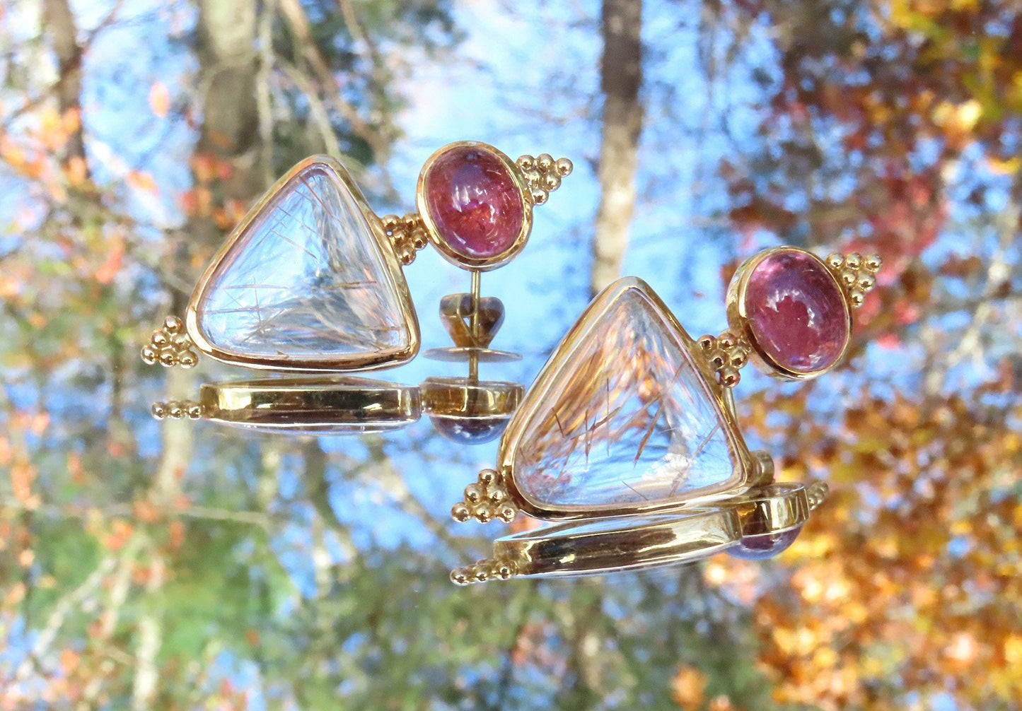 Paula Crevoshay 18k Gold Rubellite Pink Tourmaline Rutilated Quartz Earrings