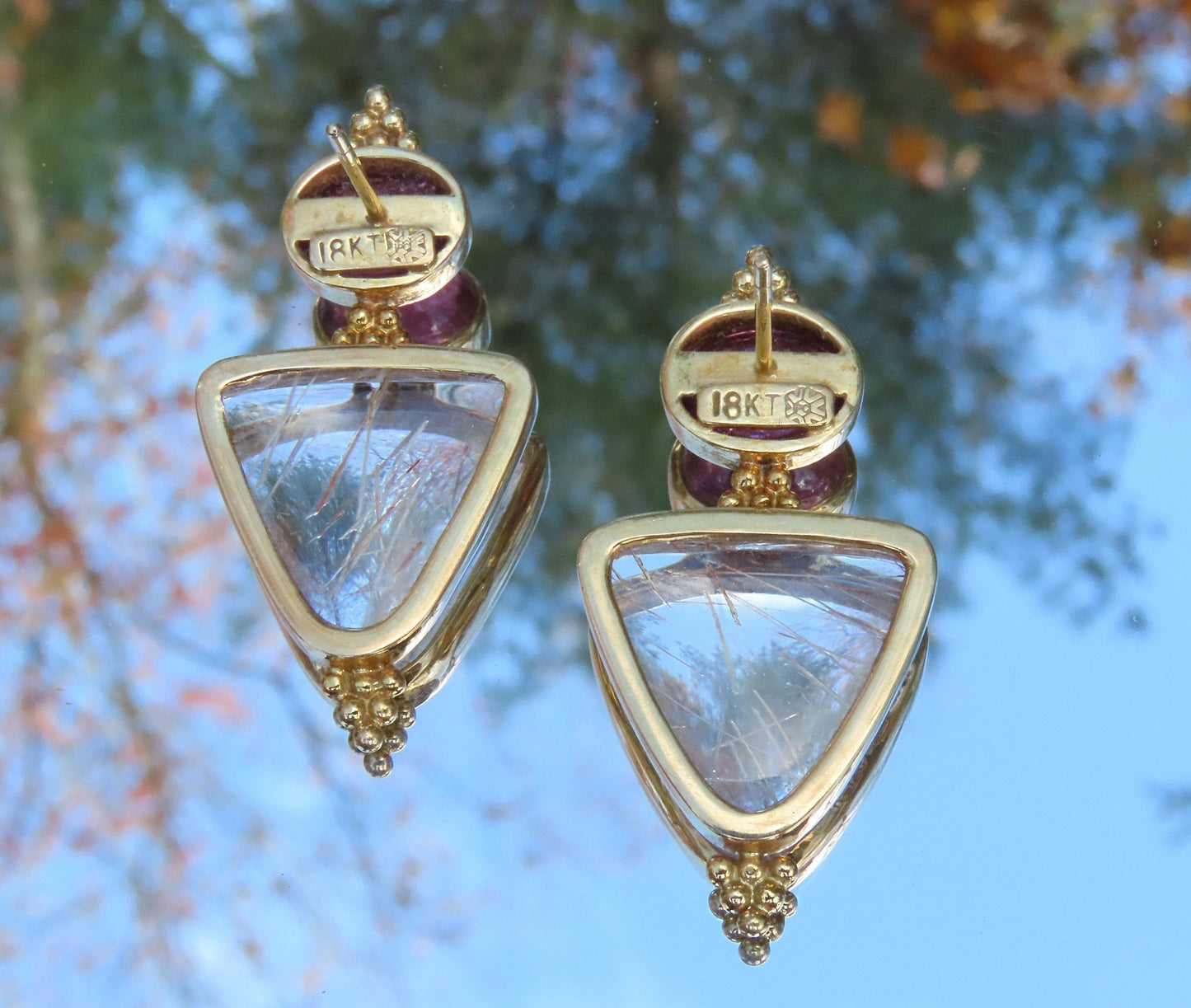 Paula Crevoshay 18k Gold Rubellite Pink Tourmaline Rutilated Quartz Earrings