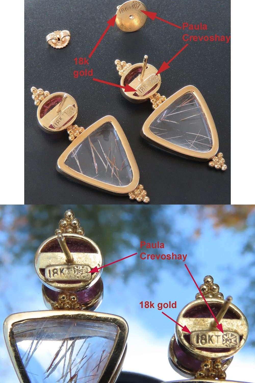 Paula Crevoshay 18k Gold Rubellite Pink Tourmaline Rutilated Quartz Earrings