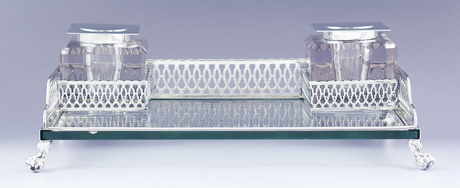 Handsome Dominick & Haff Sterling Silver Glass Double Inkwell Stand