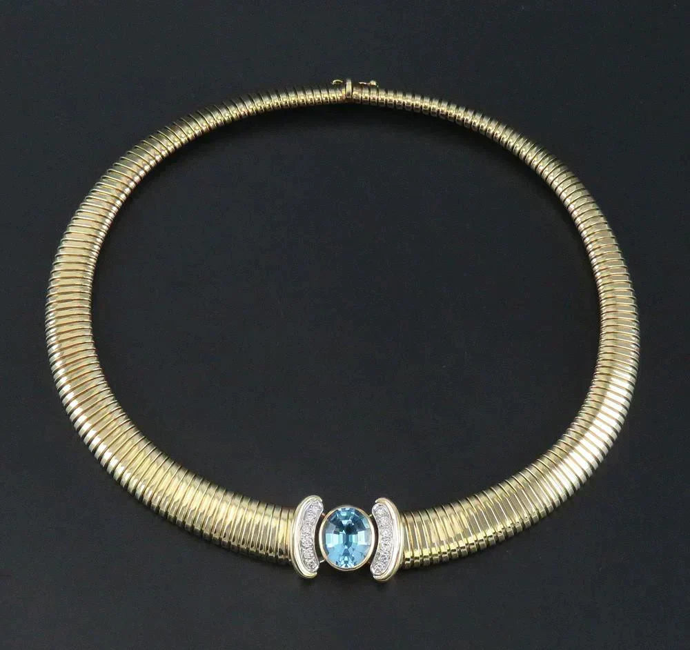 High End 14K Gold 6.7 CT Blue Topaz Gemstone VVS Diamond Choker Necklace