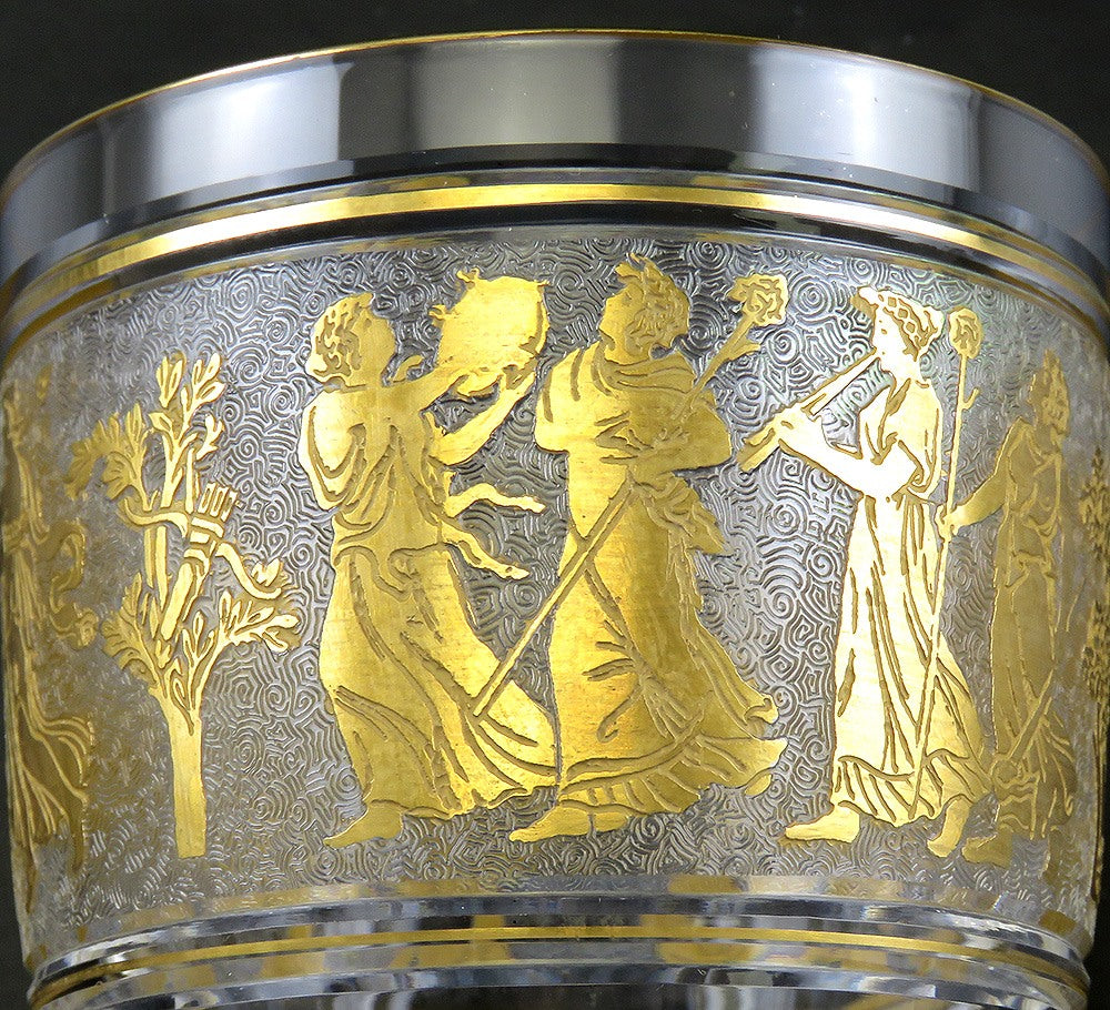 6 Val St Lambert Danse de Flore Gold Crystal Glass Water/Wine Goblets 6 3/4"