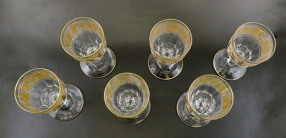 6 Val St Lambert Danse de Flore Gold Crystal Glass Water/Wine Goblets 6 3/4"