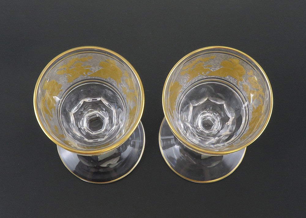 Pair Val St Lambert Danse de Flore Crystal Glass Gold Small Wine Goblets 5 1/4"