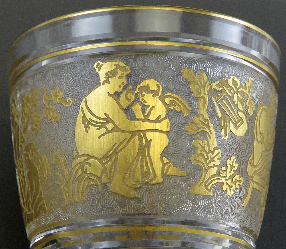 9 Val St Lambert Danse de Flore Gold Crystal Glass Small Wine Goblets 5"