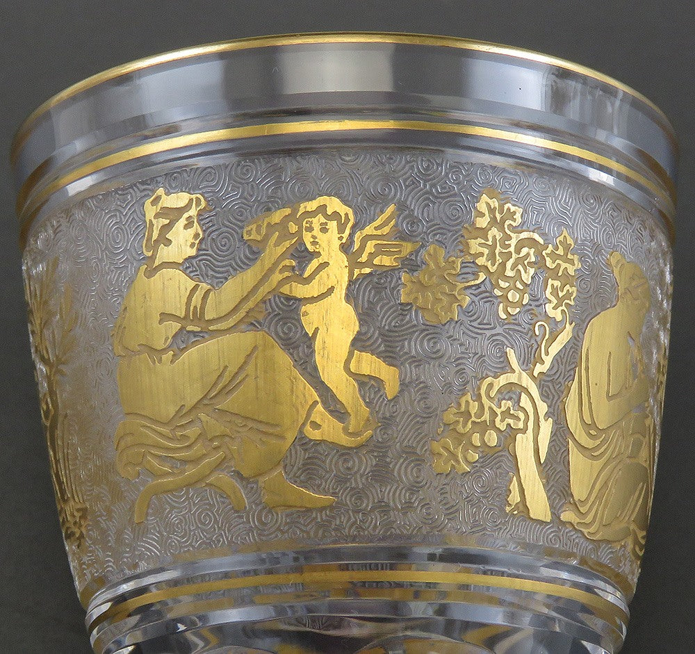 9 Val St Lambert Danse de Flore Gold Crystal Glass Small Wine Goblets 5"