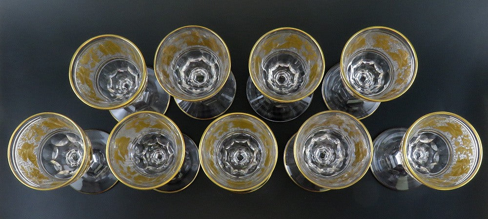 9 Val St Lambert Danse de Flore Gold Crystal Glass Small Wine Goblets 5"