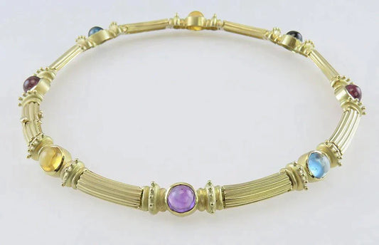 Etruscan Style 14K Yellow Gold Amethyst Tourmaline Citrine Topaz Choker Necklace