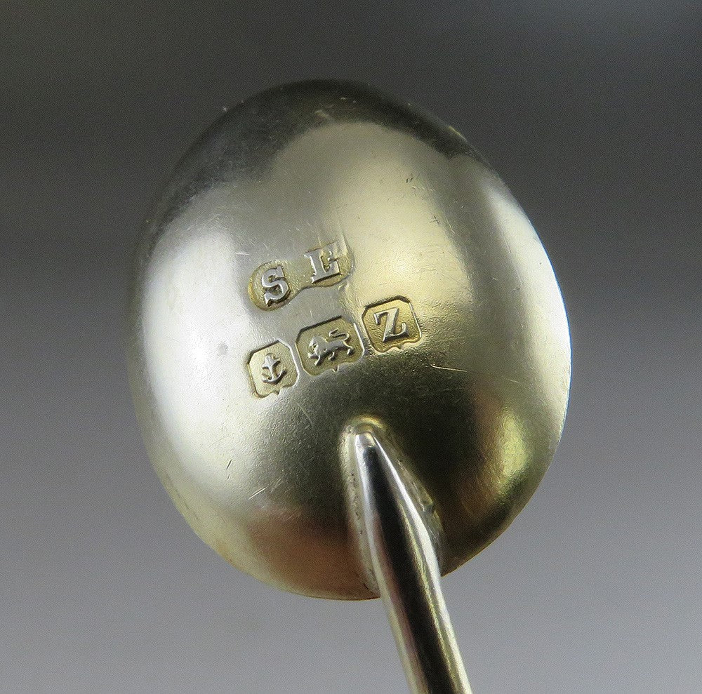 6 Antique 1924 English Gilded Sterling Silver Coffee Bean End Demitasse Spoons