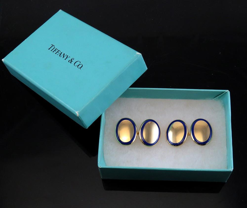 Vintage 18K Yellow Gold Blue Enamel Tiffany & Co Heavy Oval Cufflinks NO MONO