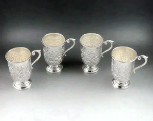 4 Antique c1930 Indonesian Hand Chased Repousse Punch Coffee Tea Cups Mugs
