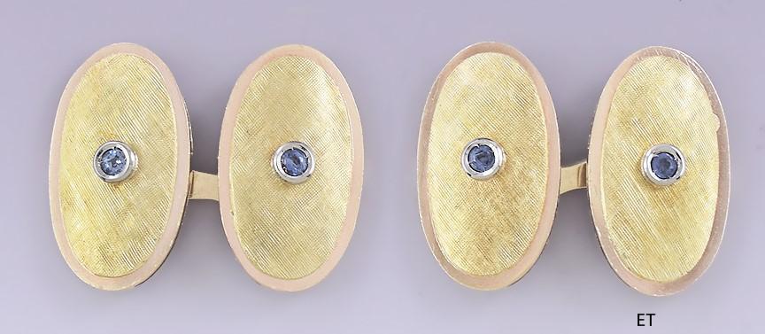 Handsome Pair 18k Gold & Sapphire Brushed Florentine Textured Oval Cufflinks