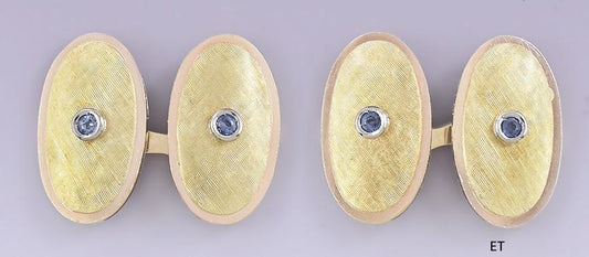 Handsome Pair 18k Gold & Sapphire Brushed Florentine Textured Oval Cufflinks