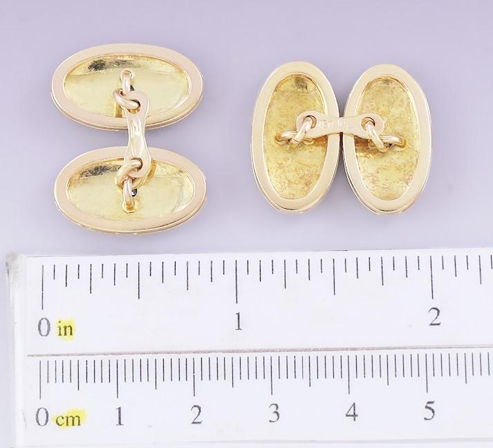Handsome Pair 18k Gold & Sapphire Brushed Florentine Textured Oval Cufflinks
