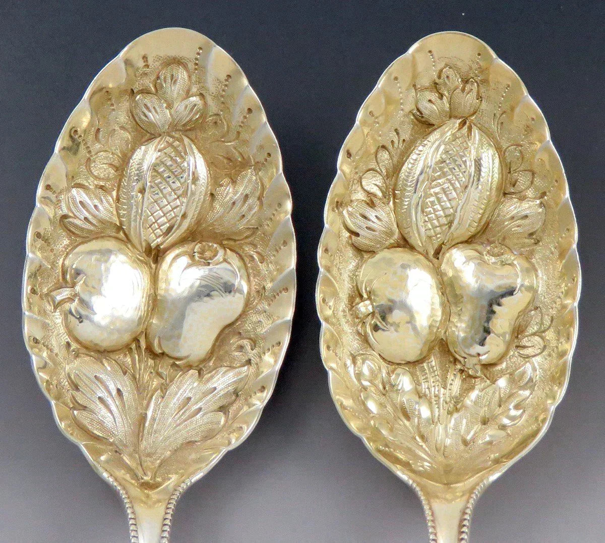 Antique Sterling Silver Gorham Lancaster 1897 Gold Fruit Serving Spoons 8 1/2"