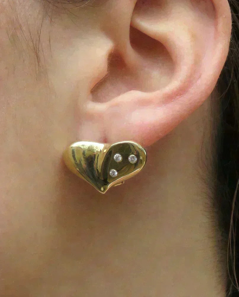 Stunning 14k Yellow Gold & Diamond Omega Back Stud Heart Earrings