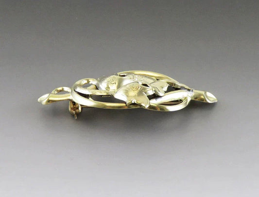 Antique American Victorian 10K Yellow Gold Ribbon Engraved Leaf Pin or Brooch