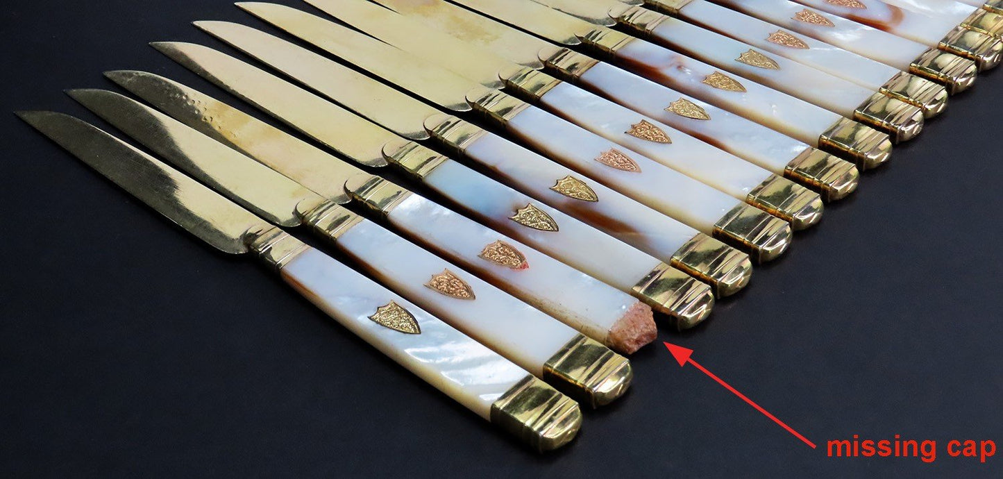 Fine set 18 French 950 Gilt Silver & Gold Mother-of-pearl Fruit/Dessert Knives