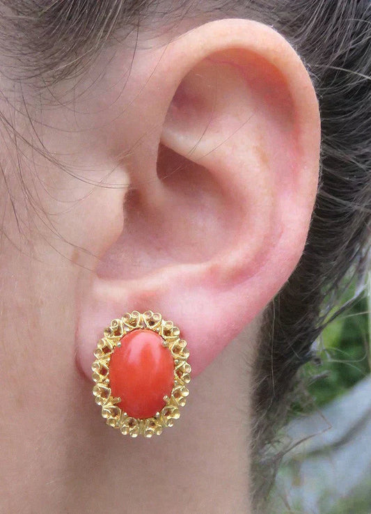 Pair Vintage Italian 18K Yellow Gold Natural Coral Cabochon Clip Earrings