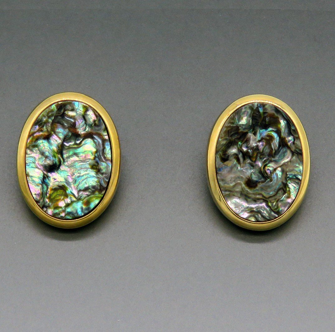 Elegant 14k Yellow Gold Abalone Oval Clip On Earrings
