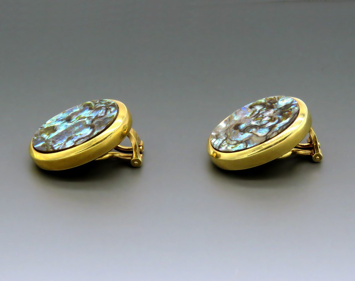 Elegant 14k Yellow Gold Abalone Oval Clip On Earrings