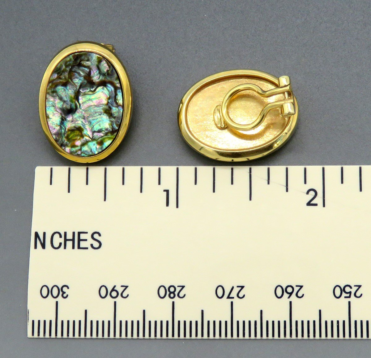 Elegant 14k Yellow Gold Abalone Oval Clip On Earrings