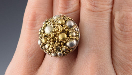Incredible 22K Yellow Gold and Sterling Silver Ring w/ Circles/Beads Motif