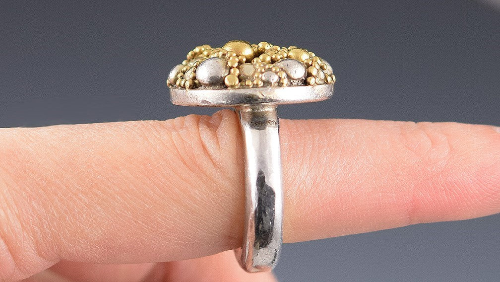 Incredible 22K Yellow Gold and Sterling Silver Ring w/ Circles/Beads Motif