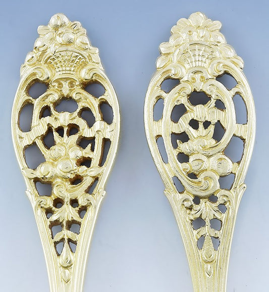 c1900 Fab set 12 Gilt Sterling Silver Basket of Flowers Dessert/Oval Soup Spoons