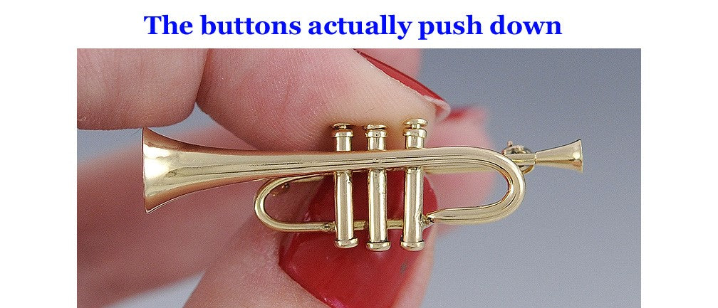 14k Gold Trumpet Pin/Brooch w/Moving Buttons