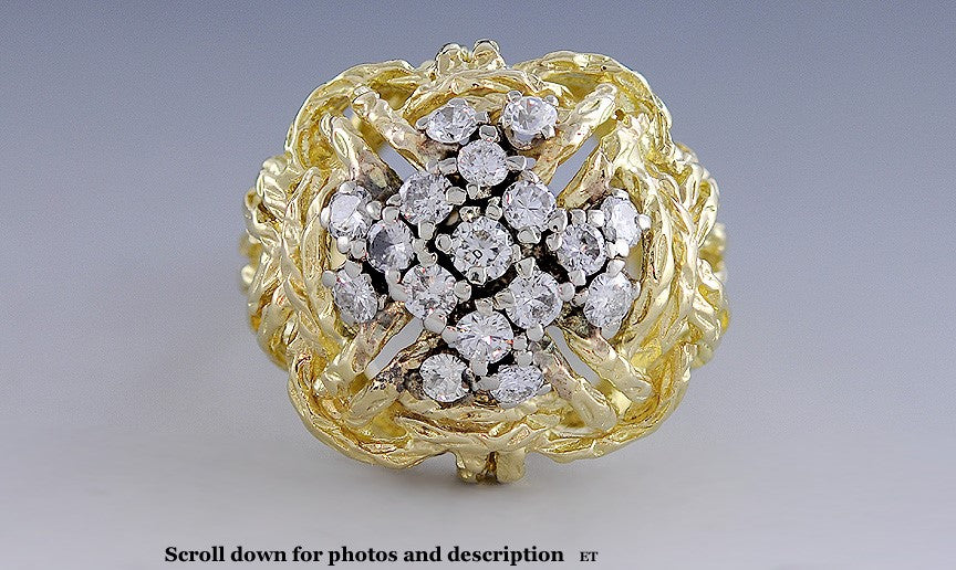 Italian 18K Yellow Gold & Diamond Rope Weave Cocktail Ring