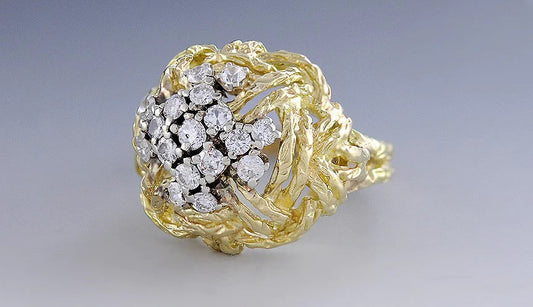 Italian 18K Yellow Gold & Diamond Rope Weave Cocktail Ring