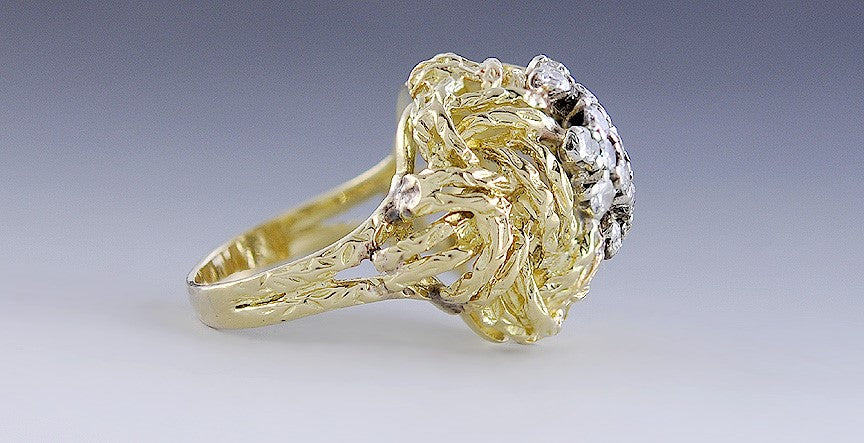 Italian 18K Yellow Gold & Diamond Rope Weave Cocktail Ring