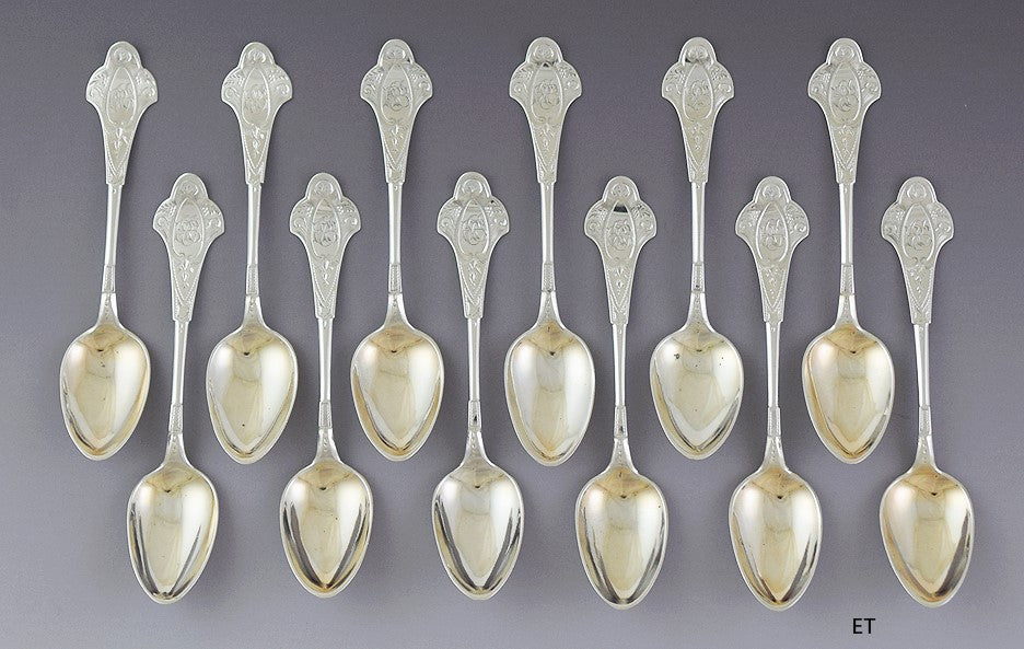 c1865-1875 set 12 American Sterling Silver Bright Cut Coffee 5 o'Clock Spoons