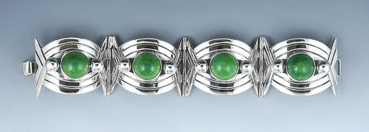 Gorgeous Shining Sterling Silver and Green Stone Mexican Hook Clasp Bracelet
