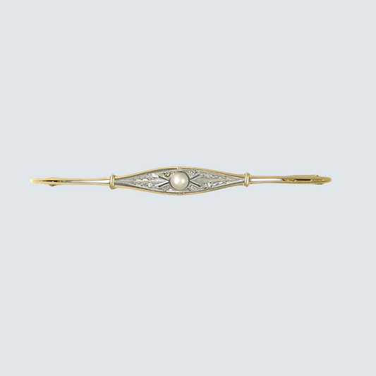 Antique c1900 French 18k Gold Platinum Pearl Diamond Bar Pin