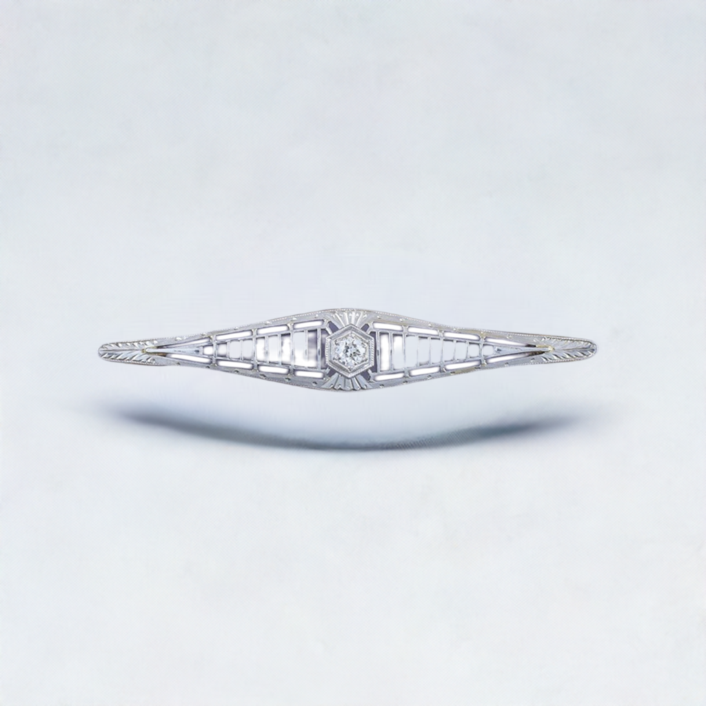 c1910s Lovely 14k Gold Platinum Filigree & Diamond Bar Pin Brooch