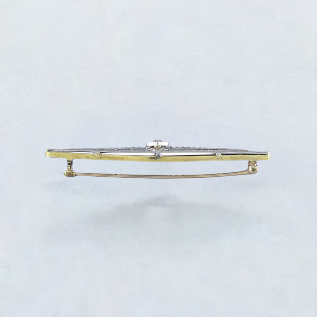 c1910s Lovely 14k Gold Platinum Filigree & Diamond Bar Pin Brooch