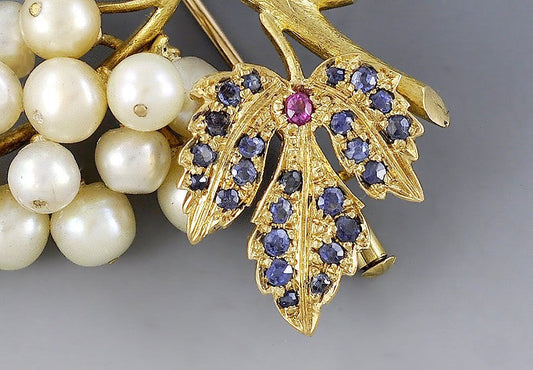 Charming 18k Yellow Gold Pearl Sapphire Ruby Realistic Grape Cluster Pin Brooch