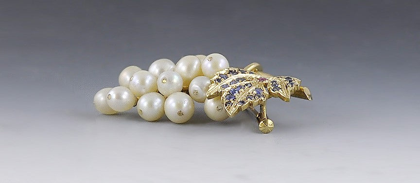 Charming 18k Yellow Gold Pearl Sapphire Ruby Realistic Grape Cluster Pin Brooch