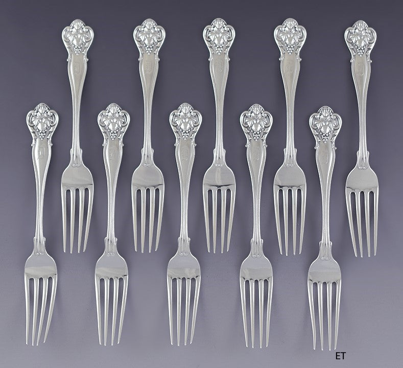 Fab set 10 Durgin Sterling Silver New Vintage Dinner Forks D Mono 7 1/2"