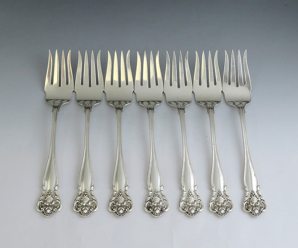 7 Large Heavy Sterling Silver Durgin New Vintage Fish Forks 7 1/8" NO MONO