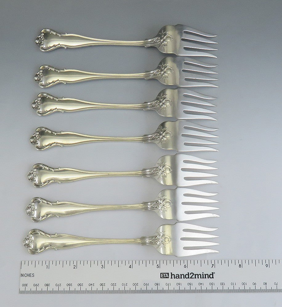 7 Large Heavy Sterling Silver Durgin New Vintage Fish Forks 7 1/8" NO MONO