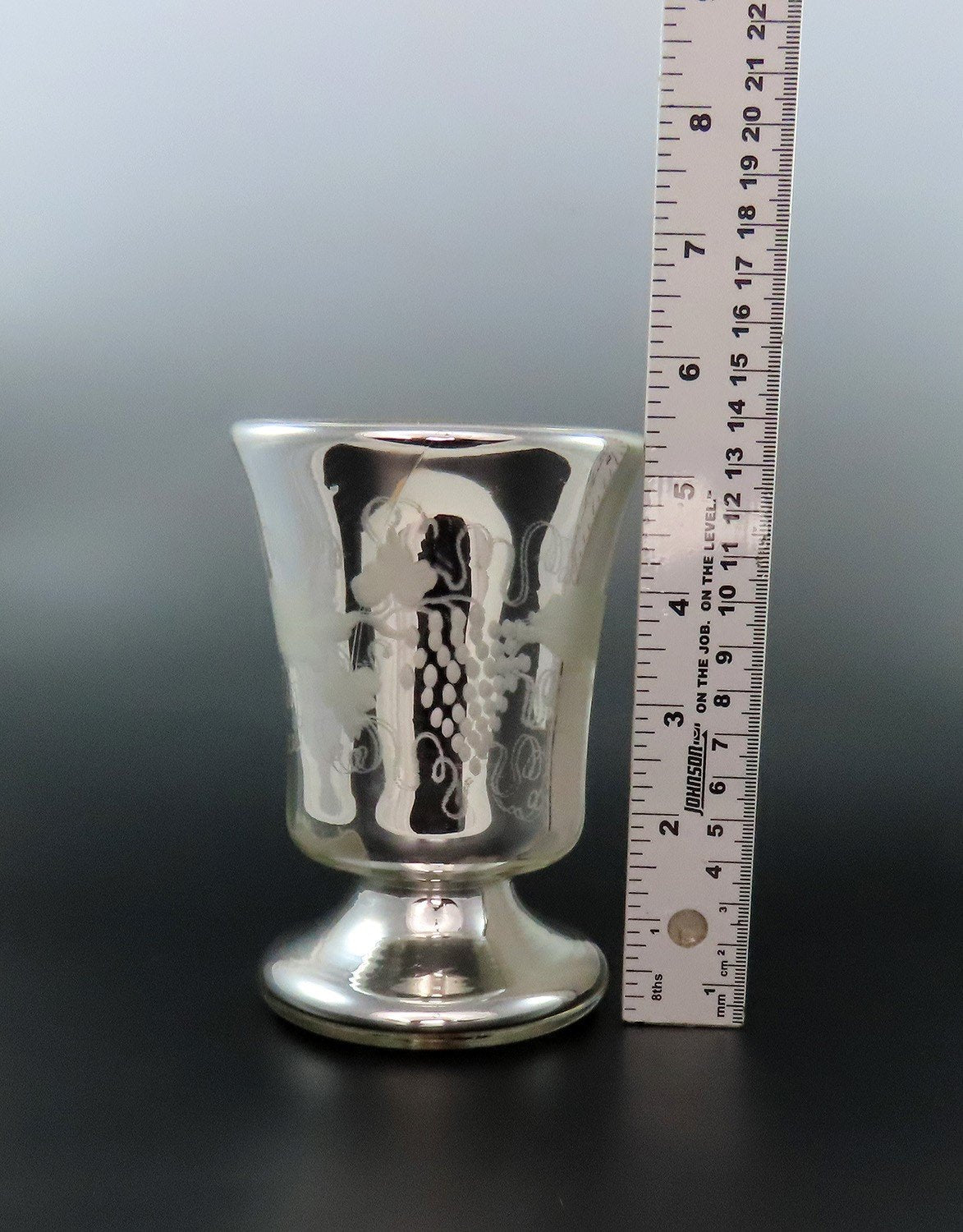 c1870 American Mercury Glass Vase Urn Grape Engravings 5 1/2 Inches Tall